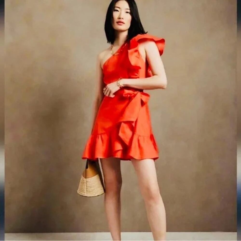 Banana Republic one shoulder ruffled linen dress sz 10 orange coral